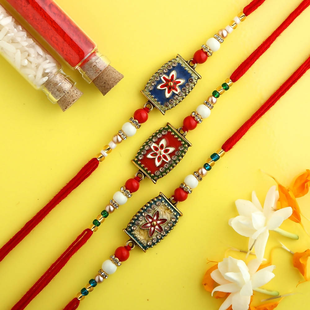 Set of 3 Meenakari Rakhi With Dry Fruits & Gulab Jamun