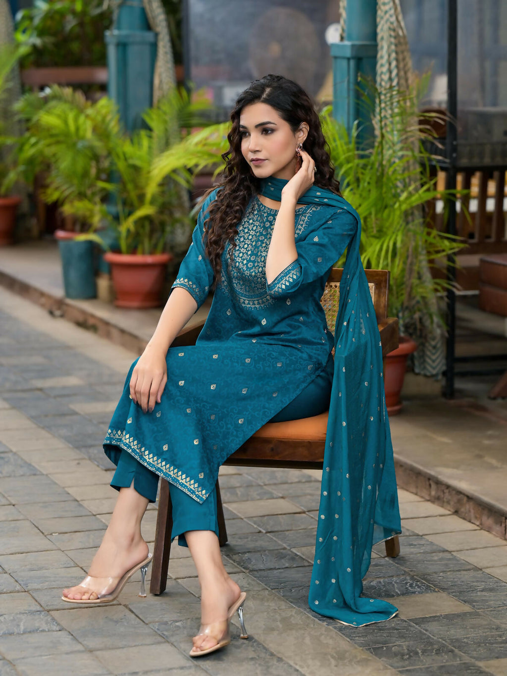 Juniper Women's Blue Ethnic Motif Printed Muslin Kurta Set With Zari Work & Gota Patti
