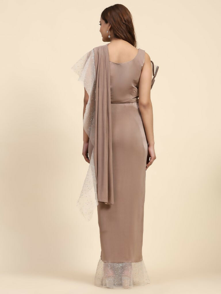 Light Brown Lycra Solid Ready to Wear Saree with stitched Blouse - Nita