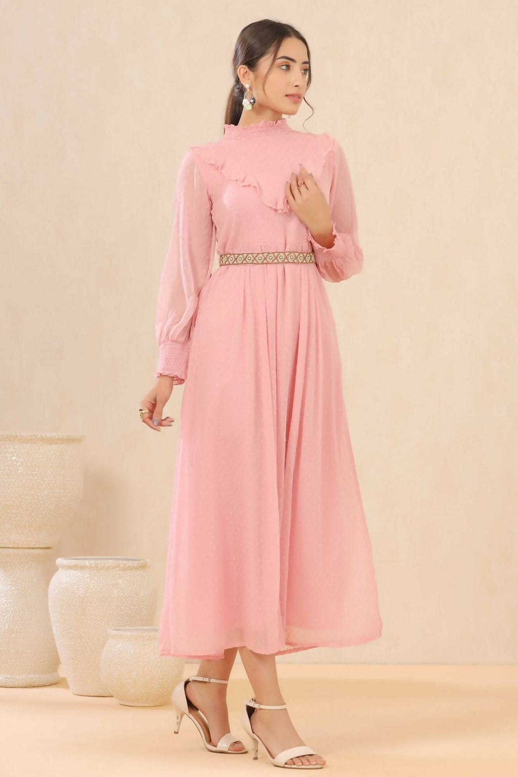 Juniper Women Pink Chiffon Woven Design Flared Dress