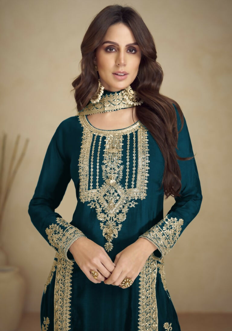 Vastranavya Gorgeous Teal Faux Georgette with Embroidery 3mm Sequence & Coding Work Pakistani Straight Pant Suit