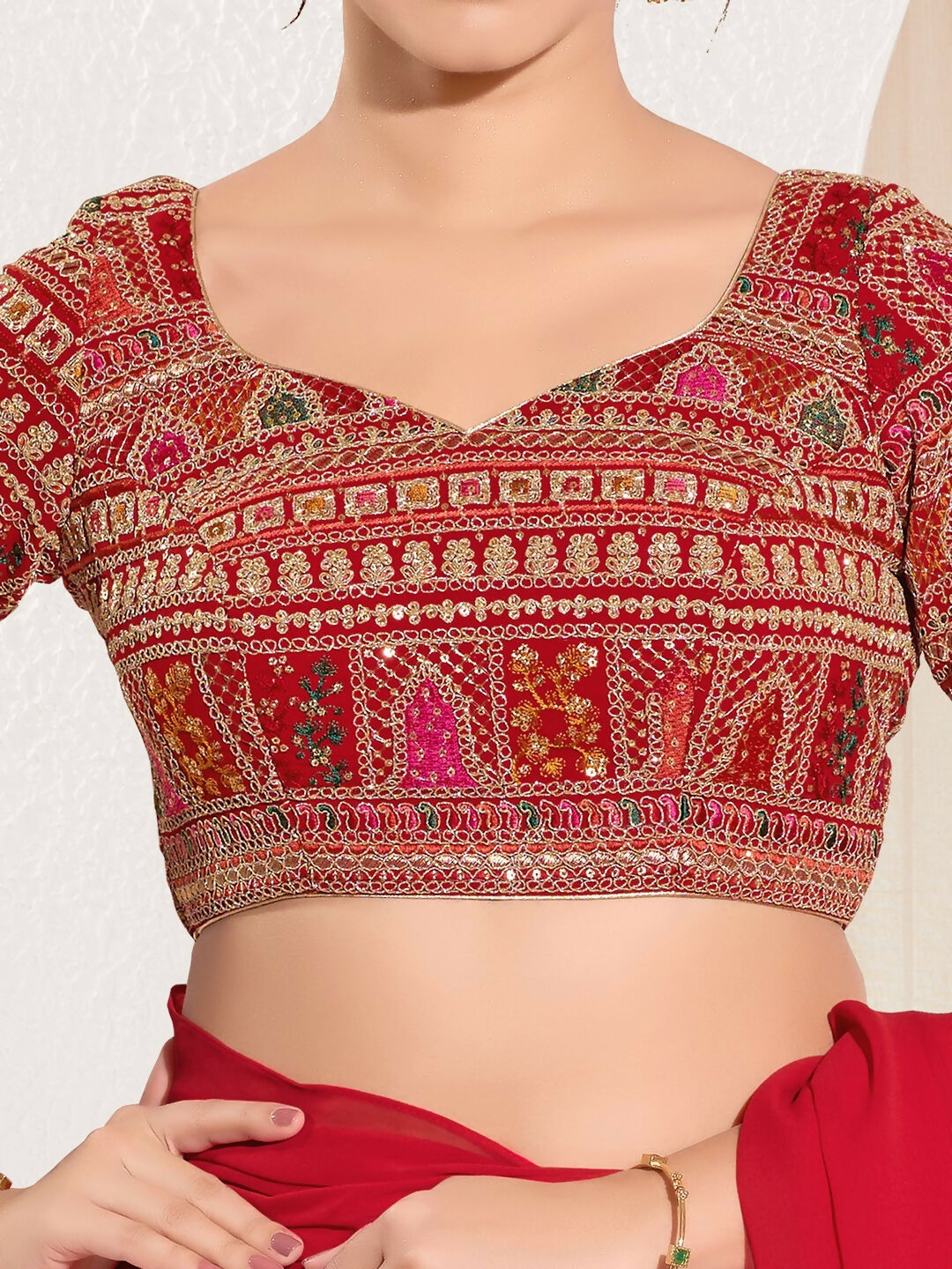 Joban Fashion Red Brocade Padded Blouse With Sweetheart Neck Elbow Sleeves