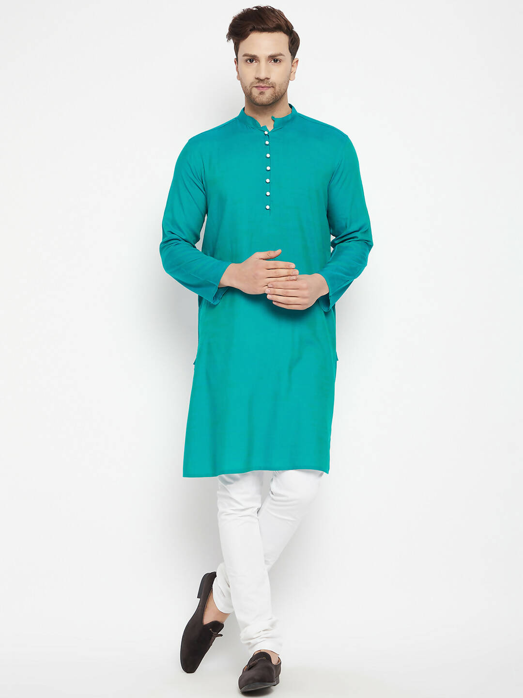 Even Apparels Blue Pure Cotton Long Men's Kurta With Band Collar