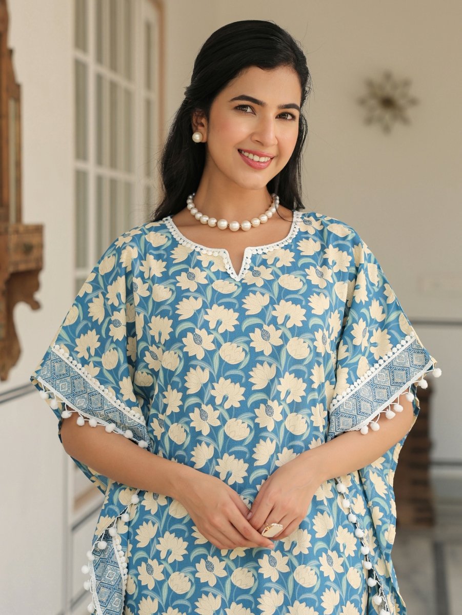 Aramya Kaftan Soft Cotton Floral Print Women's Kurta - Blue