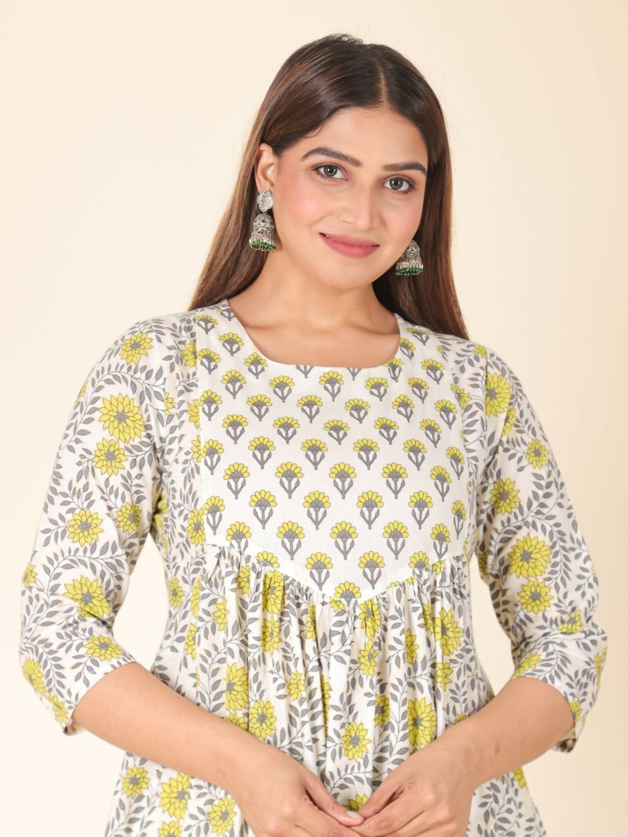 Aramya Yellow Soft Cotton Floral A-line Kurta for Women