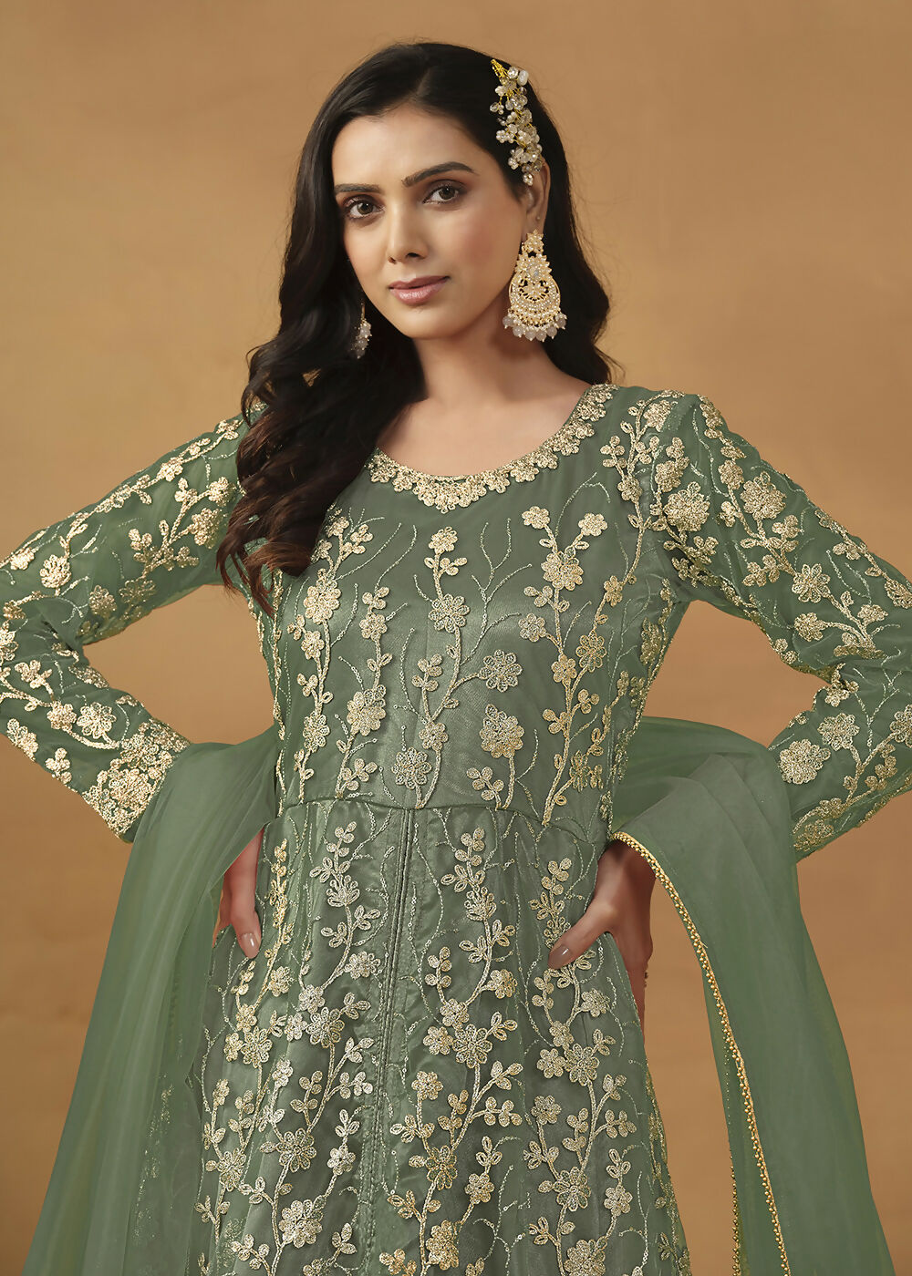 Pant Style Sage Green Embroidered Net Wedding Anarkali Suit - Emponline