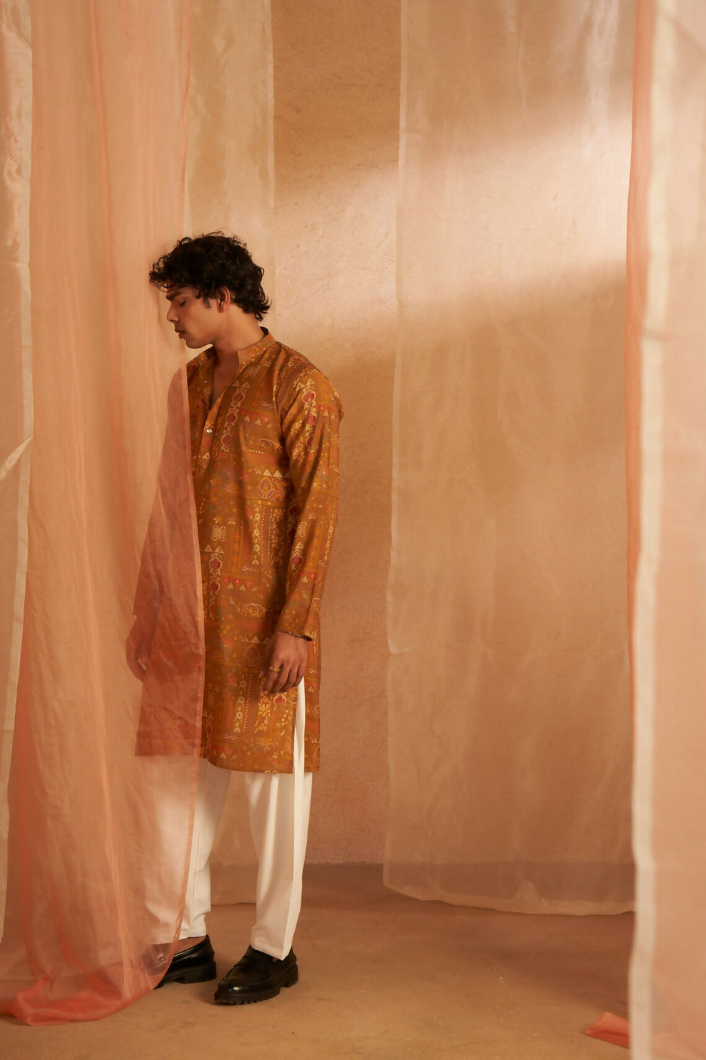 Brownish Yellow Modal Silk Designer Printed Men's Kurta Set - Mahotsav