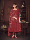 Jyoti Fashion Women's Maroon Georgette Embroidered Anarkali Kurta Pant Set With Dupatta