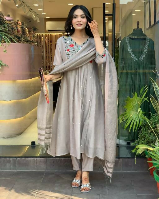 The52 Grey Women's Gorgeous Chinon Viscose Fabric Embroidered Work Straight Kurta Pant and Dupatta Set