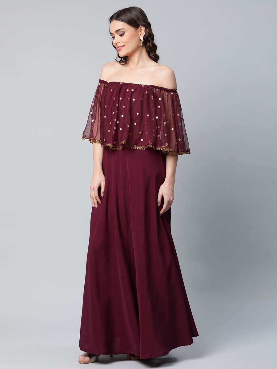 Ahalyaa Women Wine Colour Crepe & Net Gold Printed Dress