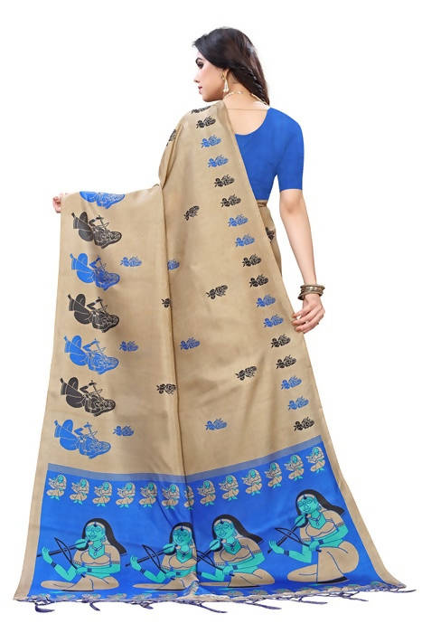 Vamika Brown Kalamkari Print With Jhalar Khadi Silk Saree (SHABRI ROYAL BLUE)