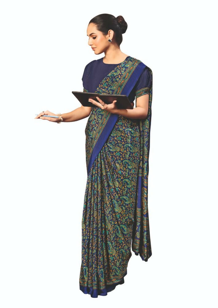 Joban Fashion Blue Crepe Silk with Traditional Print Saree