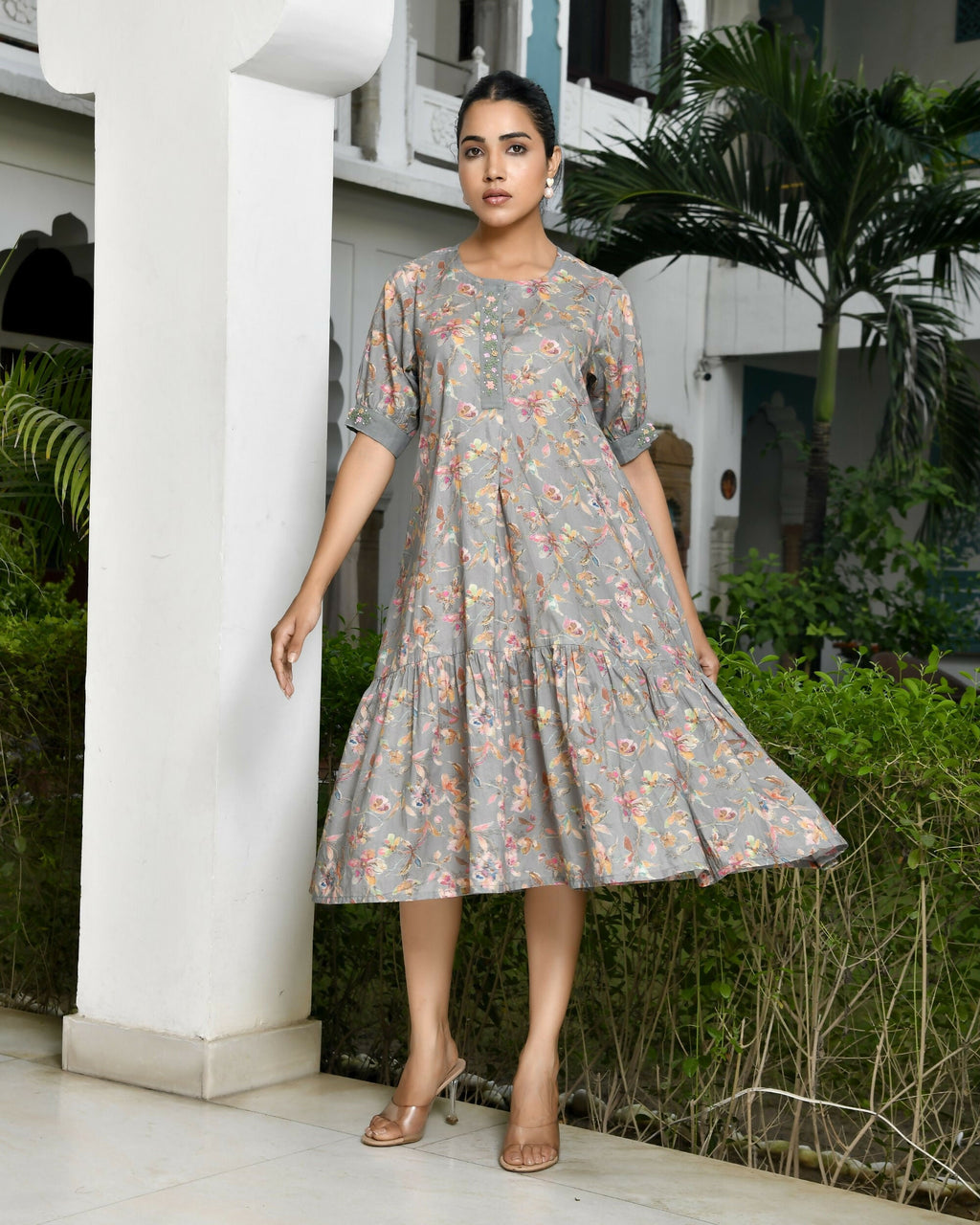 Vaasva Women's Grey Cotton Digital Printed Embroidered Placket Dress