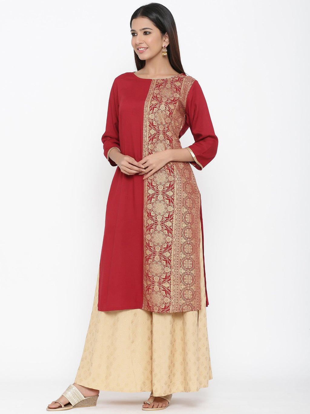 Juniper Maroon Rayon Printed Panelled Kurta