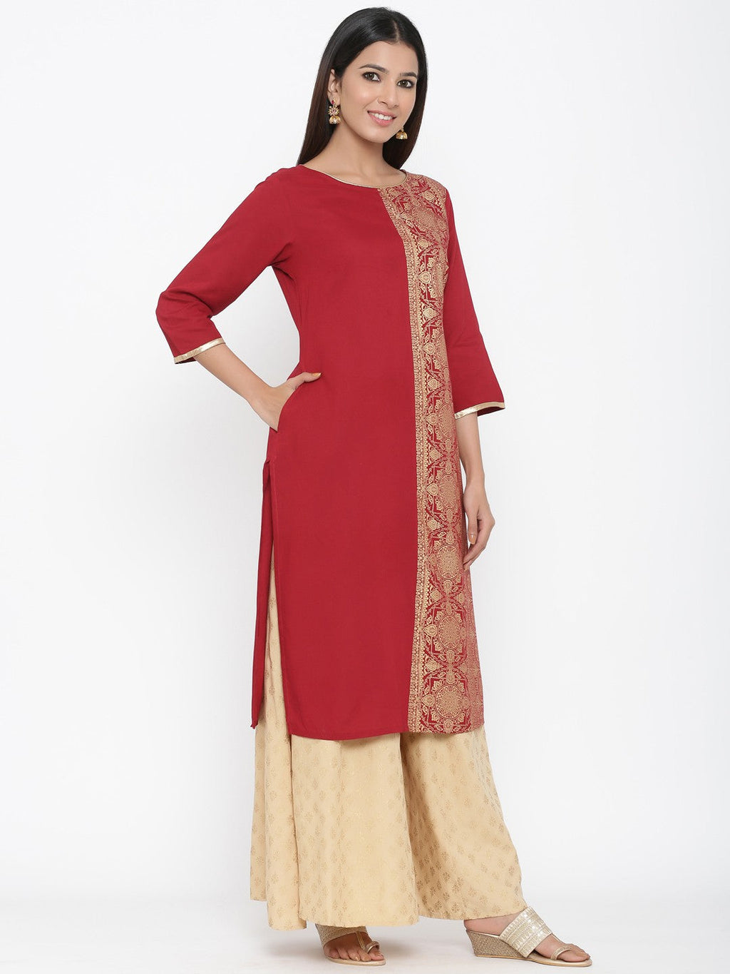 Juniper Maroon Rayon Printed Panelled Kurta