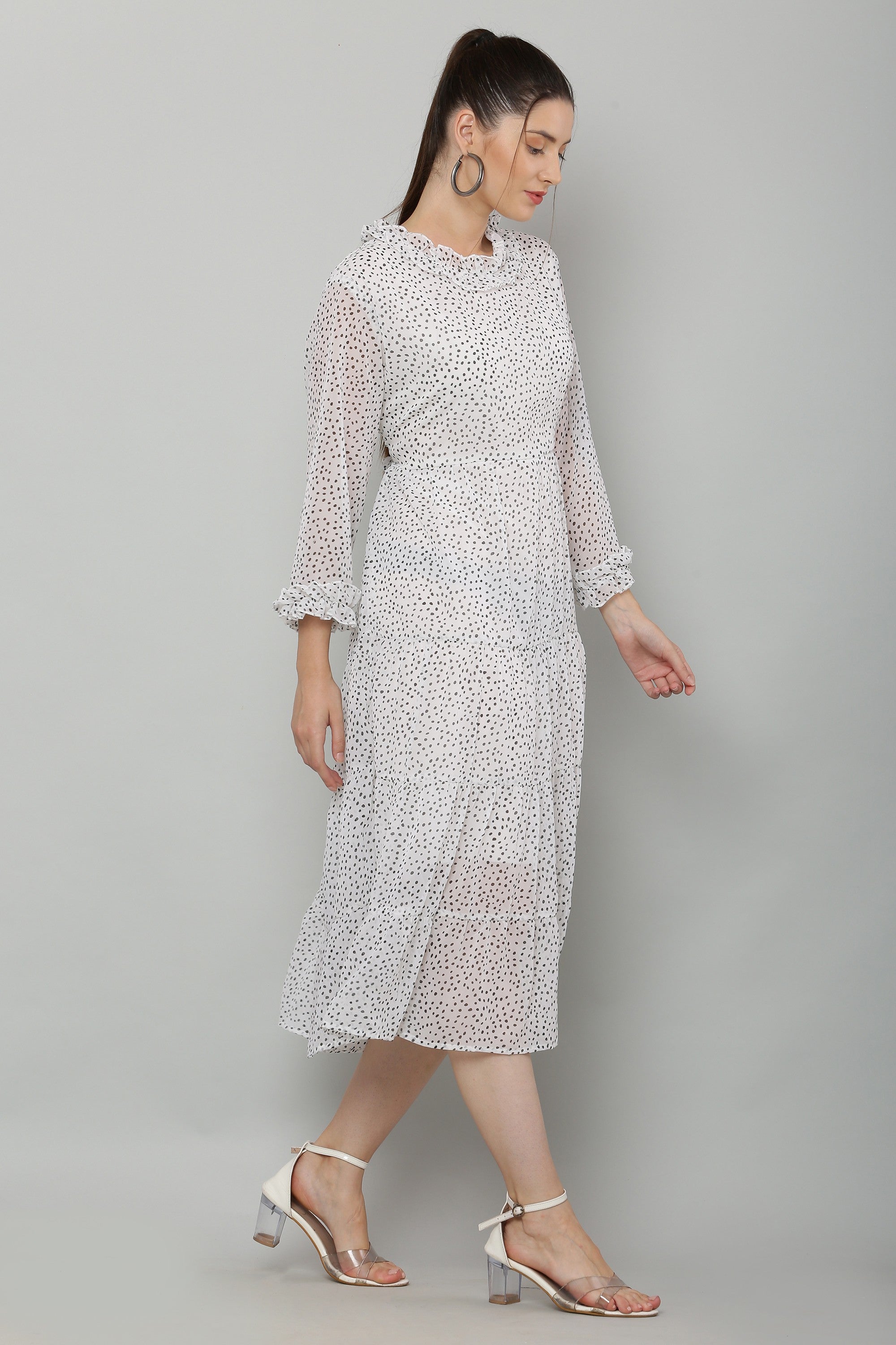 PAVONINE Micro Dots Frill-Neck Georgette Fabric White Dress For Women