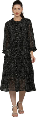 PAVONINE Micro Dots Frill-Neck Georgette Fabric Black Dress For Women