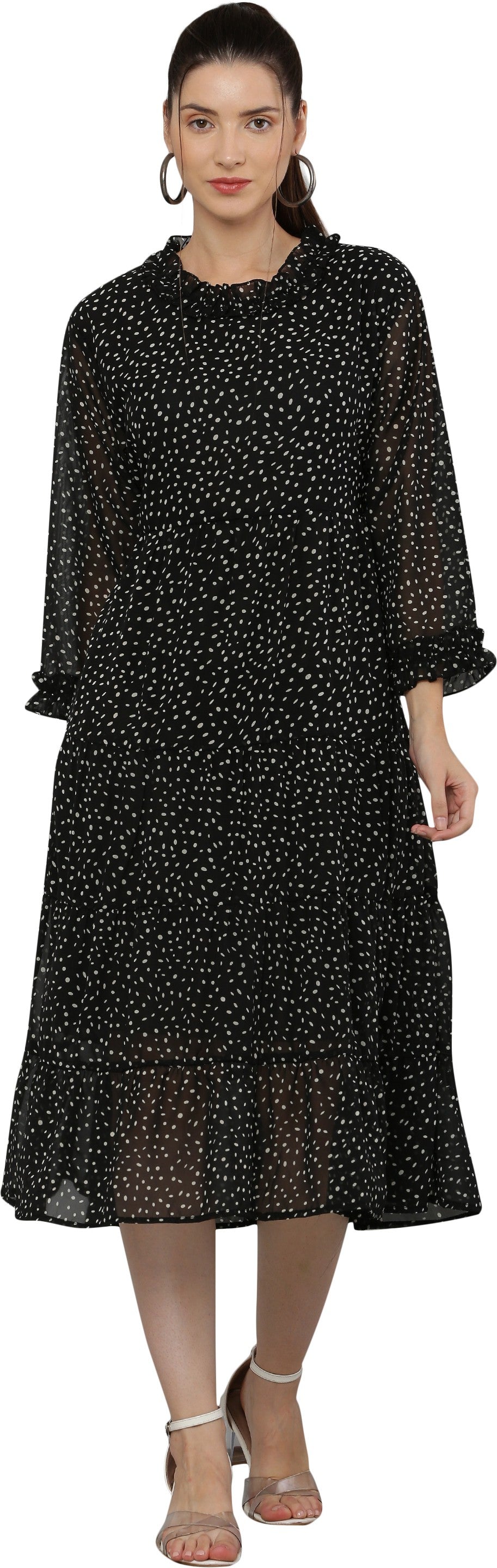 PAVONINE Micro Dots Frill-Neck Georgette Fabric Black Dress For Women