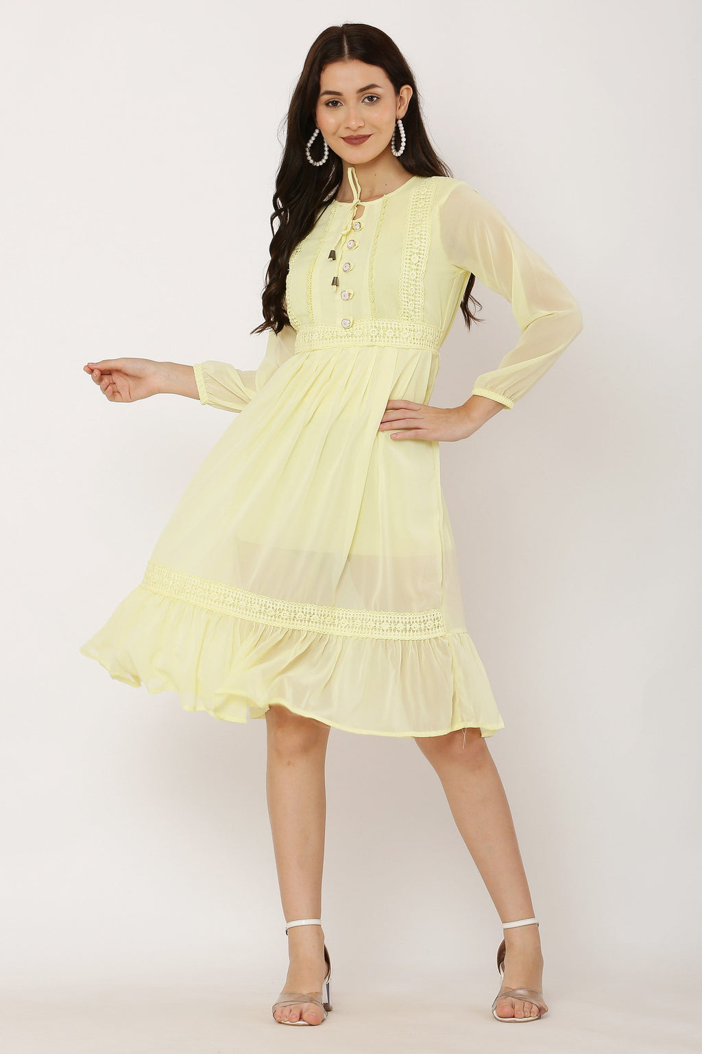 PAVONINE Lemon Color Georgette Fabric Lace Inserts Dress For Girls