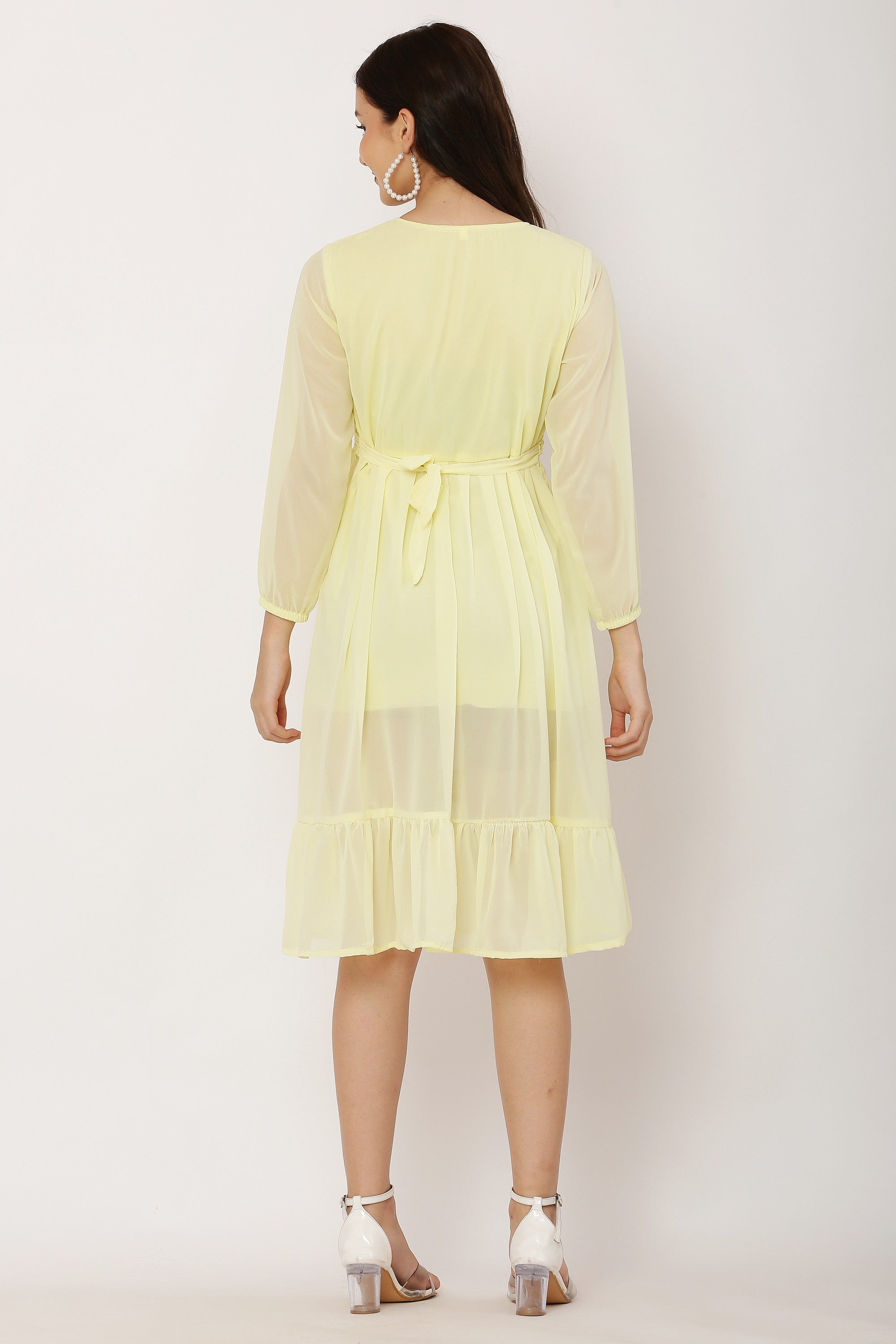 PAVONINE Lemon Color Georgette Fabric Lace Inserts Dress For Girls