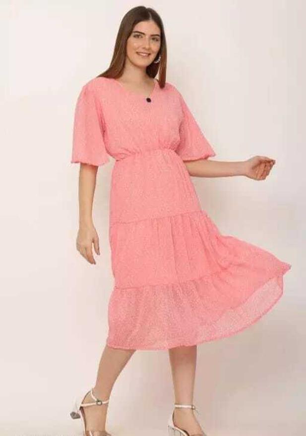 PAVONINE Micro Dots V-Neck Georgette Fabric Peach Dress For Women