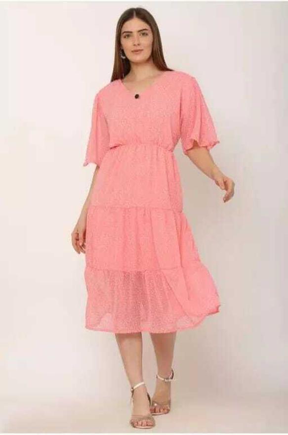 PAVONINE Micro Dots V-Neck Georgette Fabric Peach Dress For Women