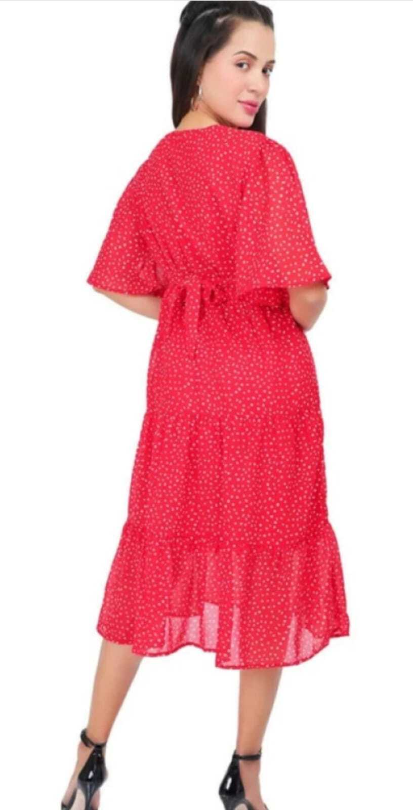 PAVONINE Micro Dots V-Neck Georgette Fabric Red Dress For Women