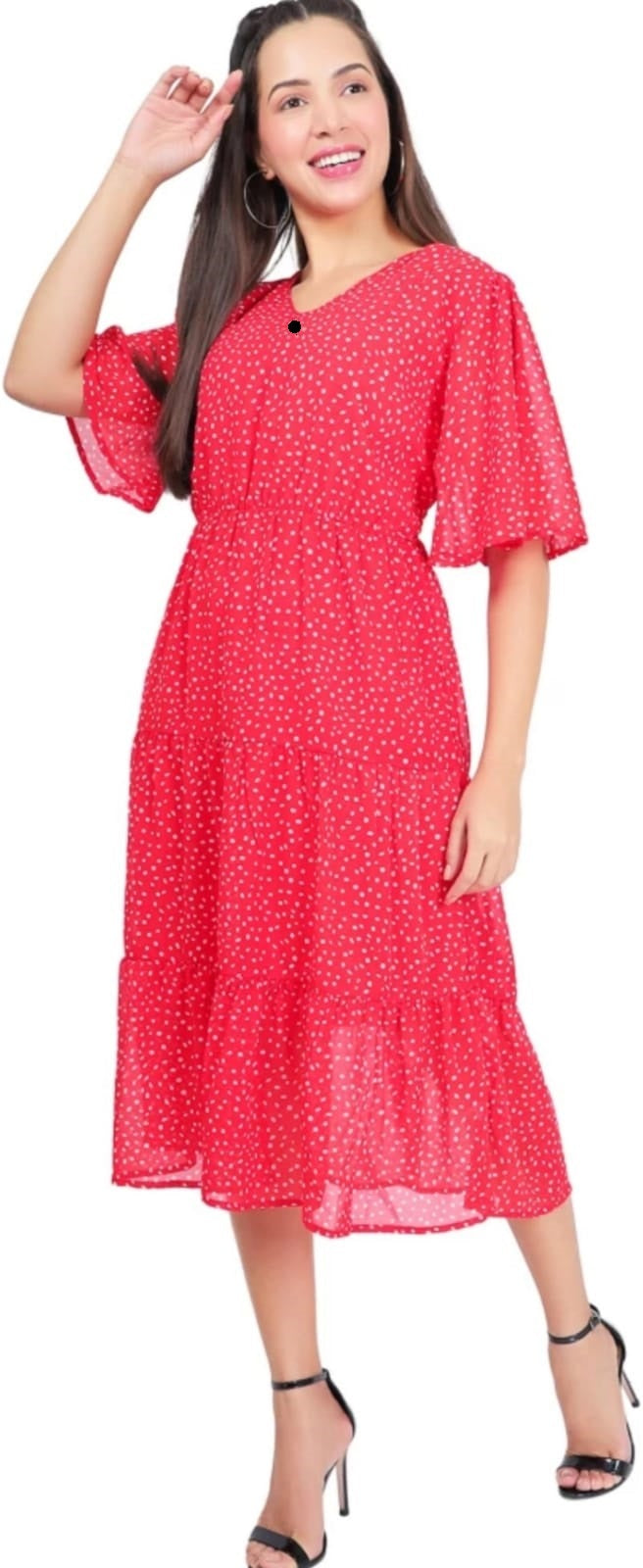 PAVONINE Micro Dots V-Neck Georgette Fabric Red Dress For Women