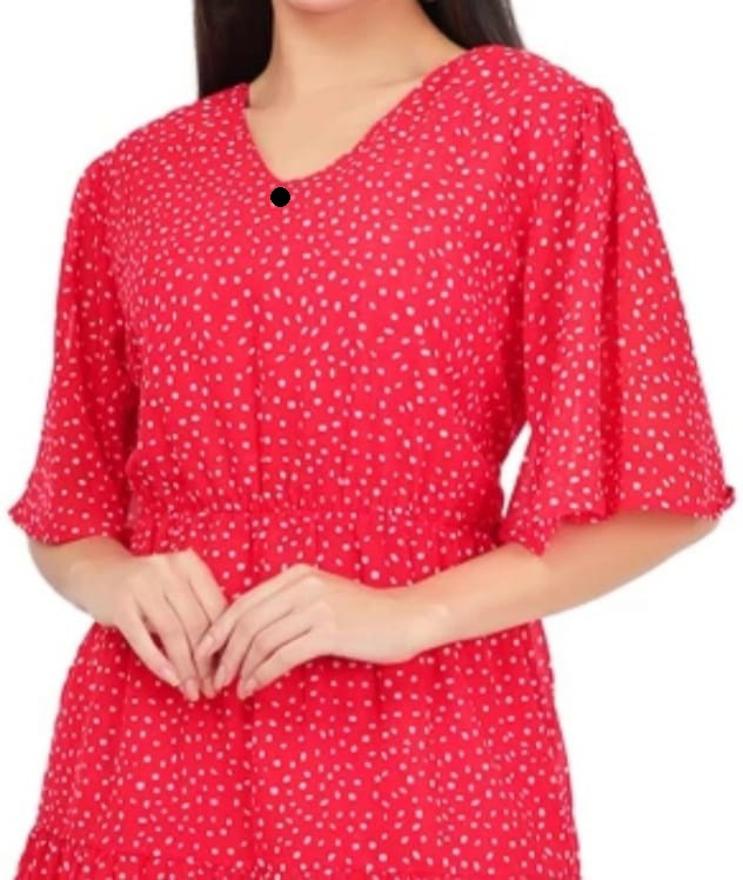 PAVONINE Micro Dots V-Neck Georgette Fabric Red Dress For Women