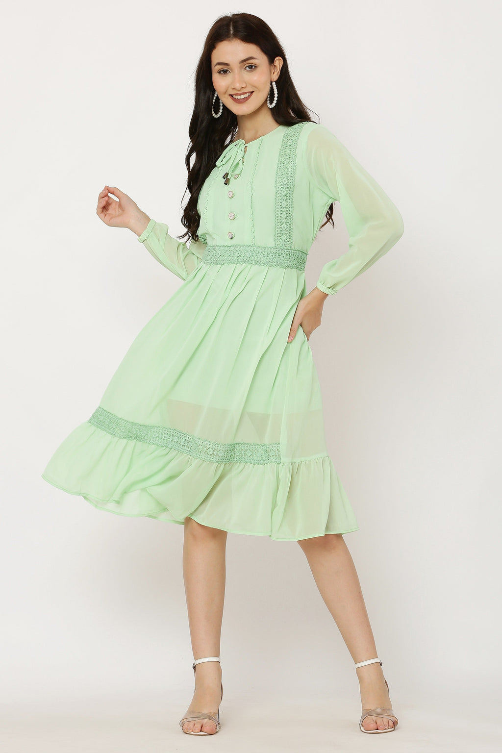 PAVONINE Pista Color Georgette Fabric Lace Inserts Dress For Girls