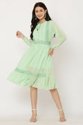 PAVONINE Pista Color Georgette Fabric Lace Inserts Dress For Girls