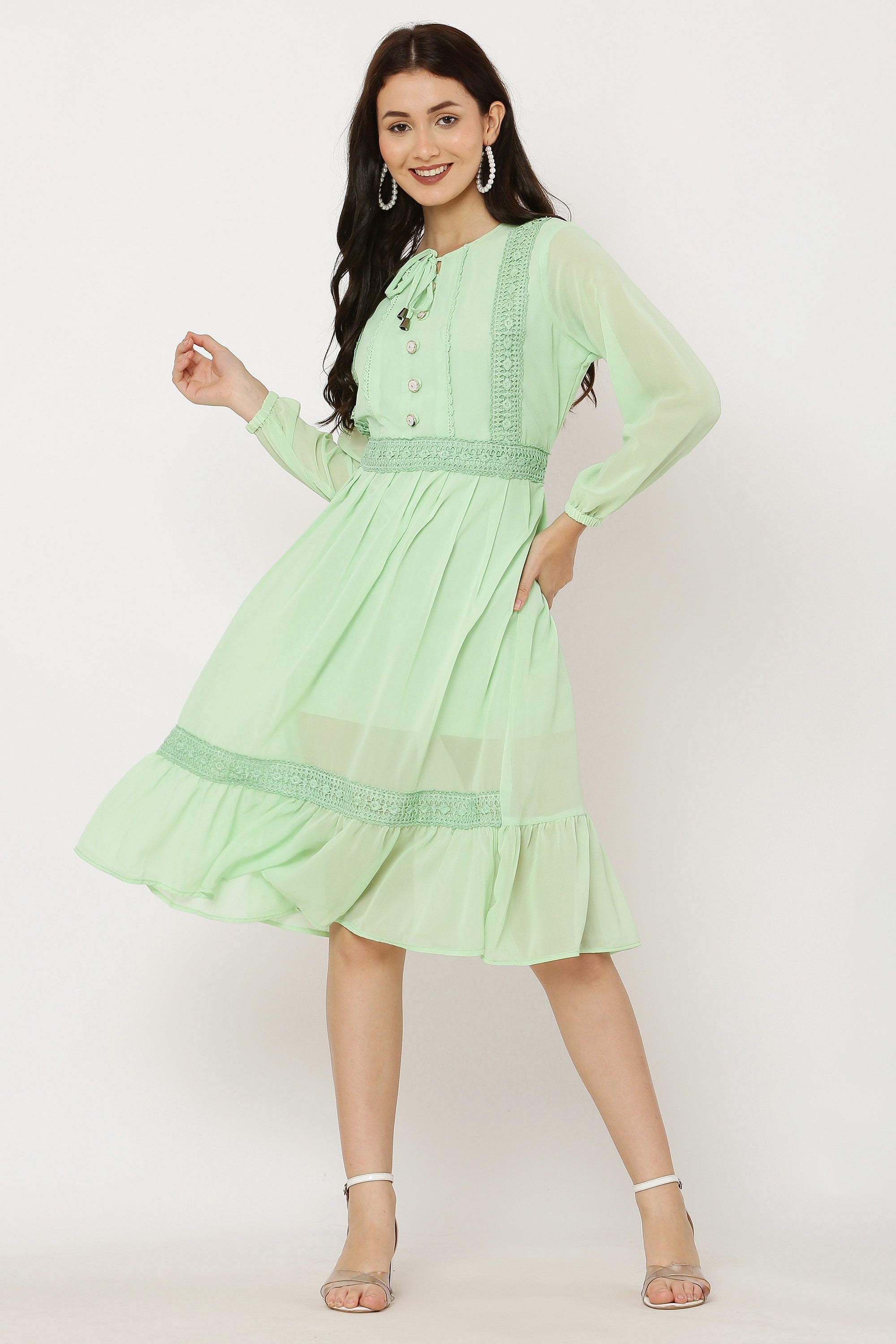 PAVONINE Pista Color Georgette Fabric Lace Inserts Dress For Girls