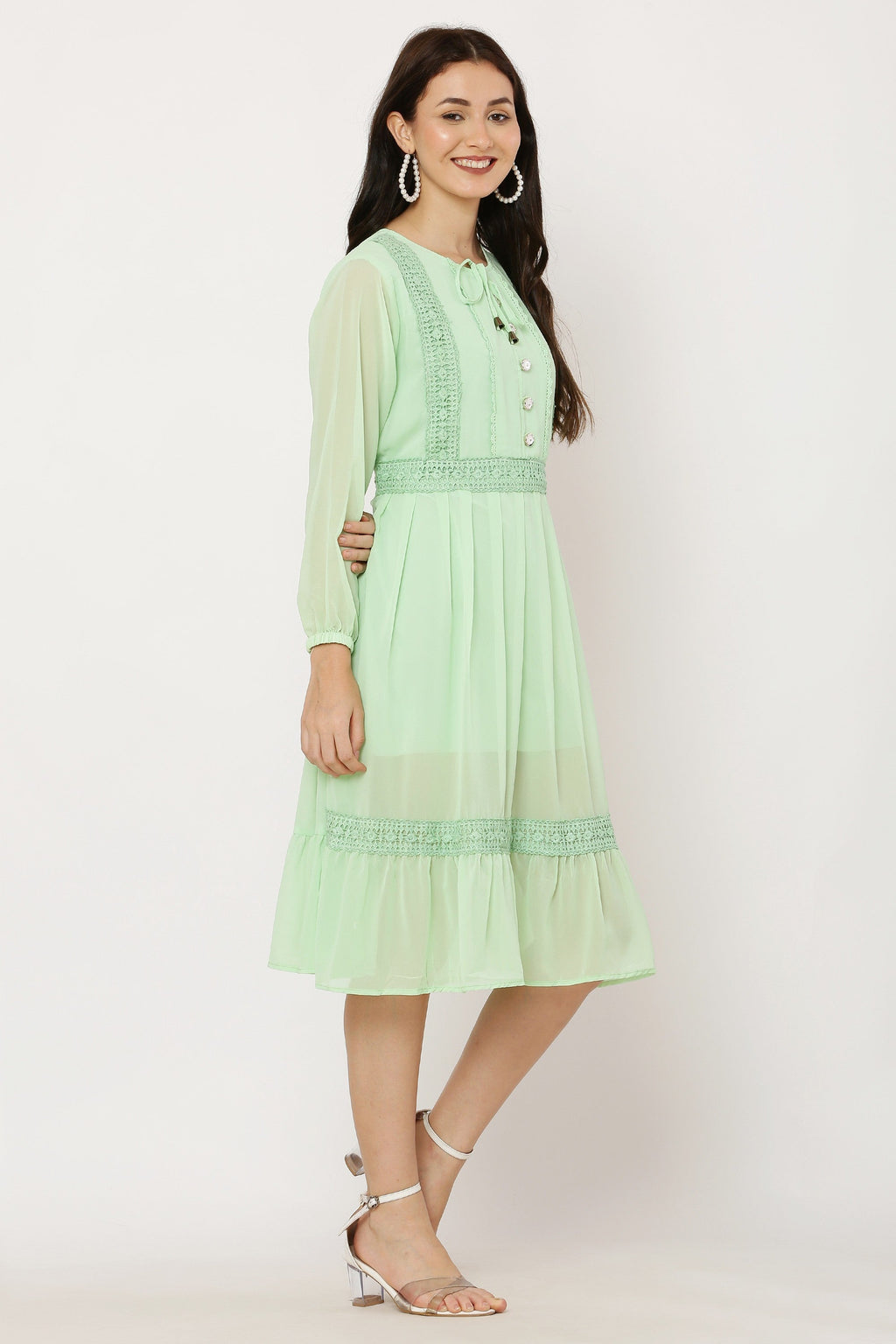 PAVONINE Pista Color Georgette Fabric Lace Inserts Dress For Girls