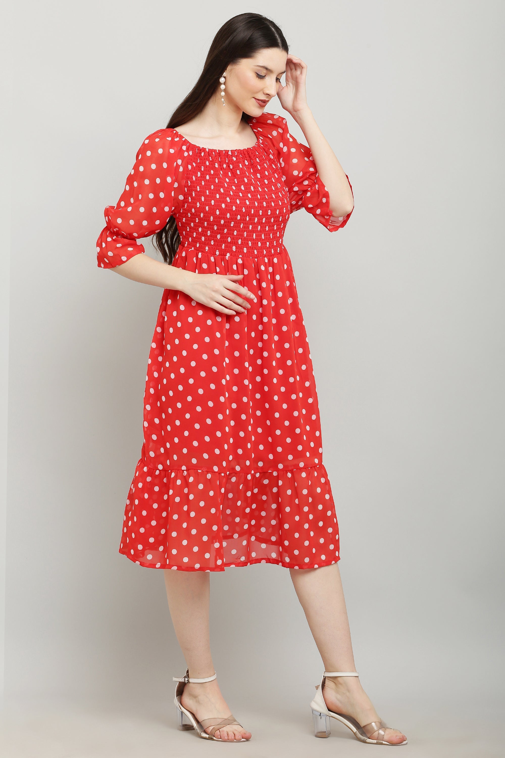 PAVONINE Polka Dots Body Kansai Red Dress For Women