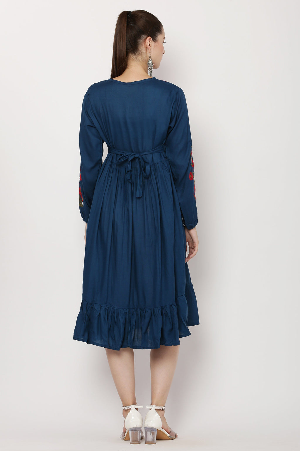 PAVONINE Navy Blue Color Flower Embroidery Dress For Women