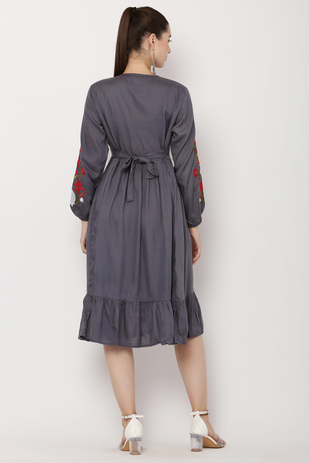 PAVONINE Grey Color Flower Embroidery Dress For Women