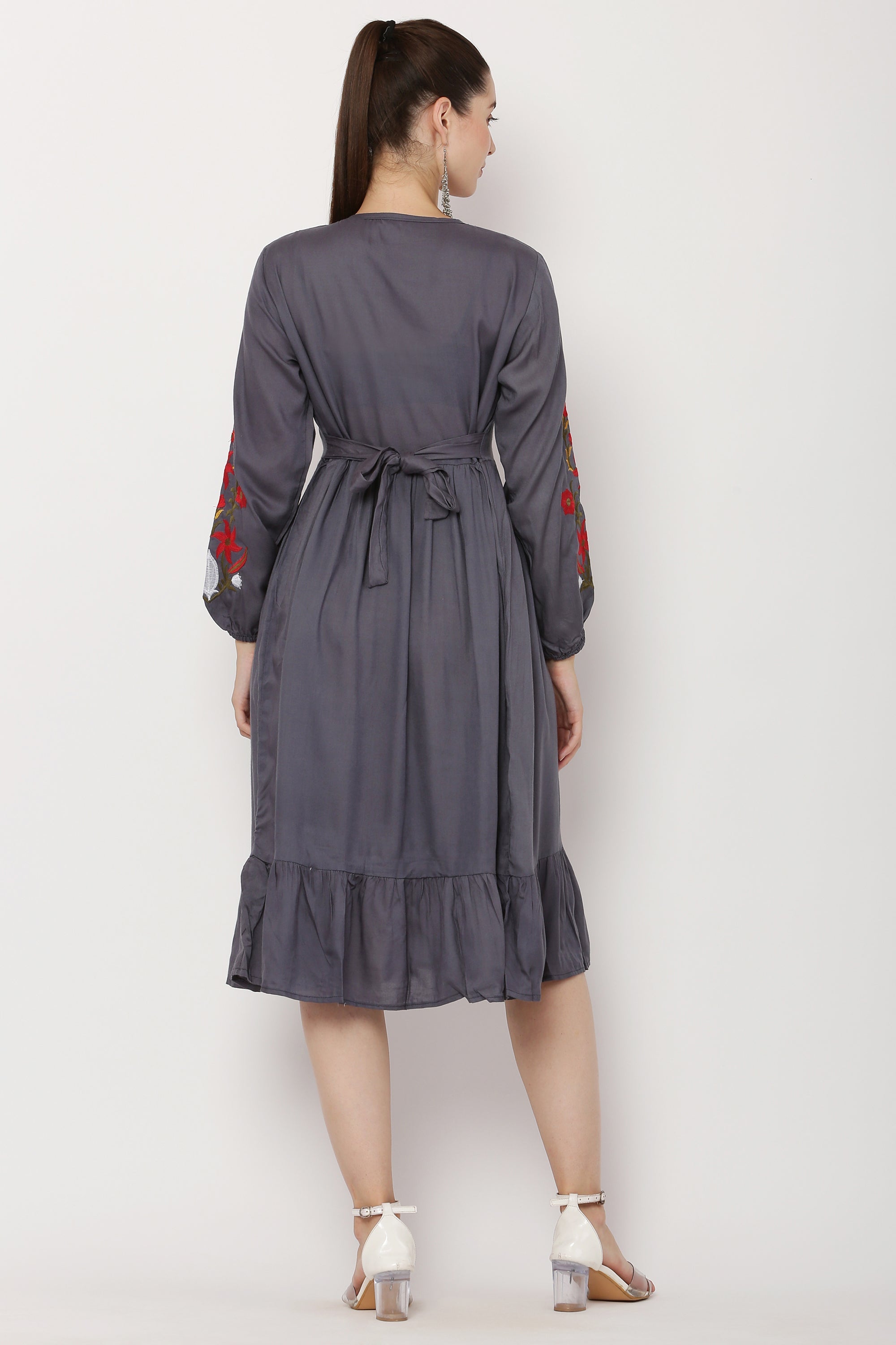 PAVONINE Grey Color Flower Embroidery Dress For Women
