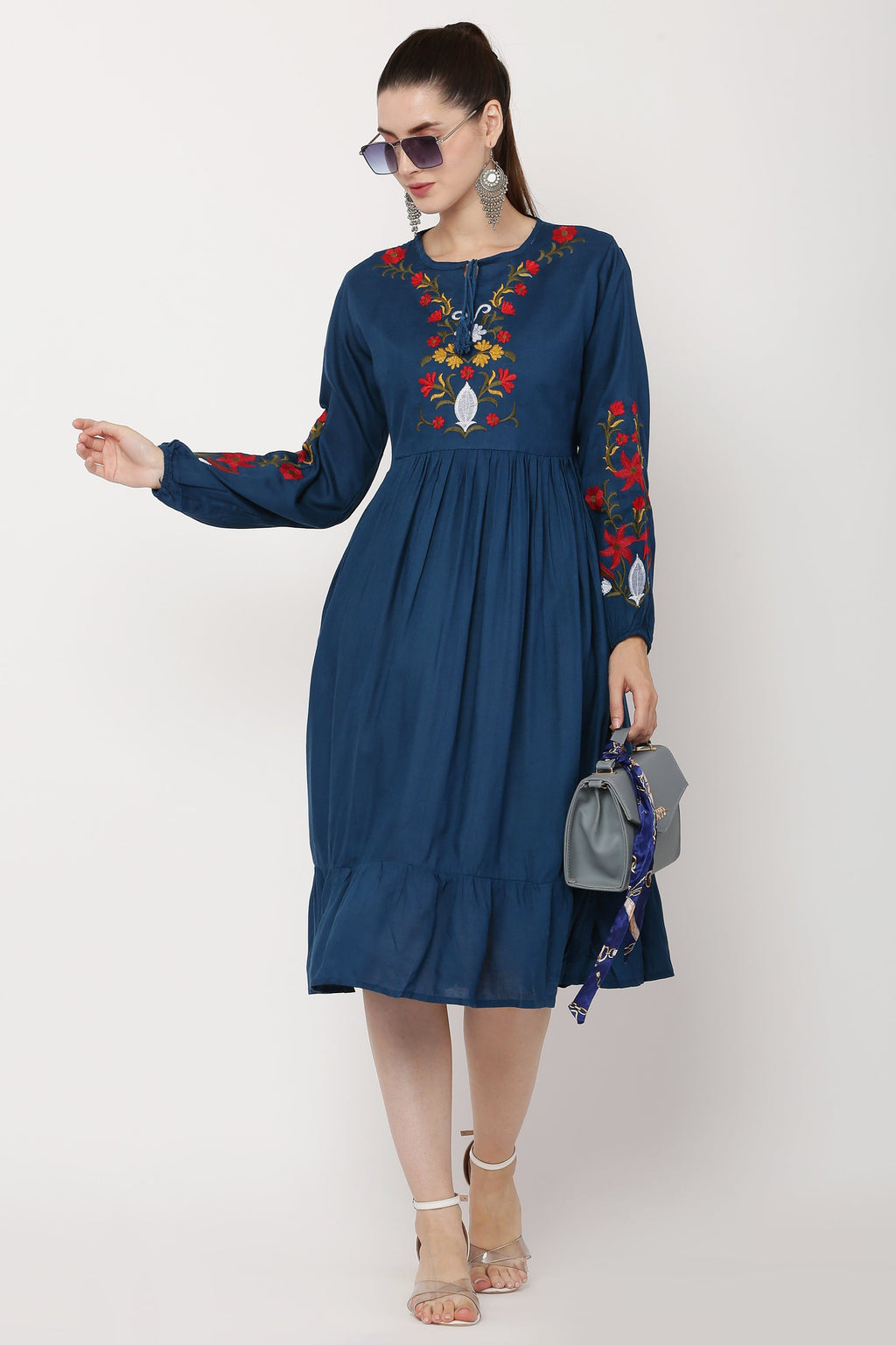 PAVONINE Navy Blue Color Flower Embroidery Dress For Women