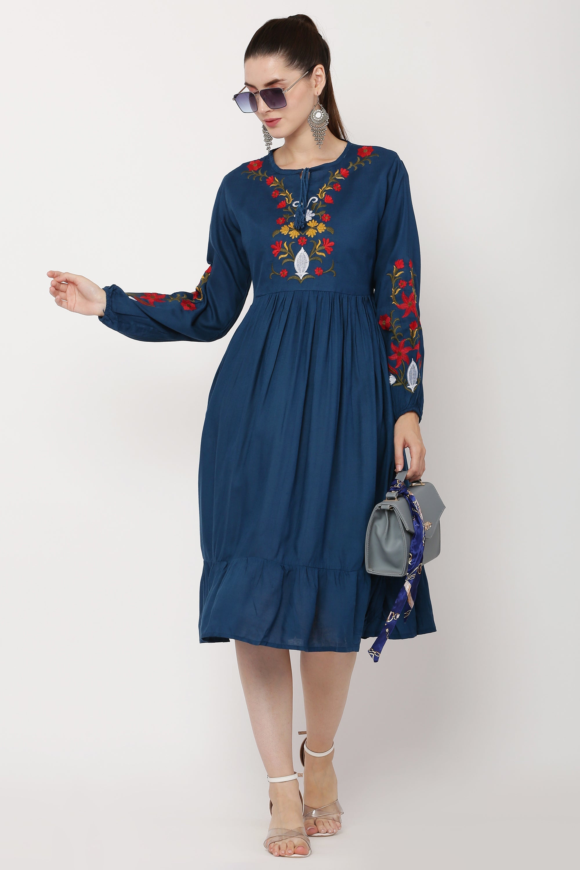 PAVONINE Navy Blue Color Flower Embroidery Dress For Women
