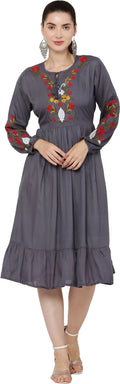 PAVONINE Grey Color Flower Embroidery Dress For Women