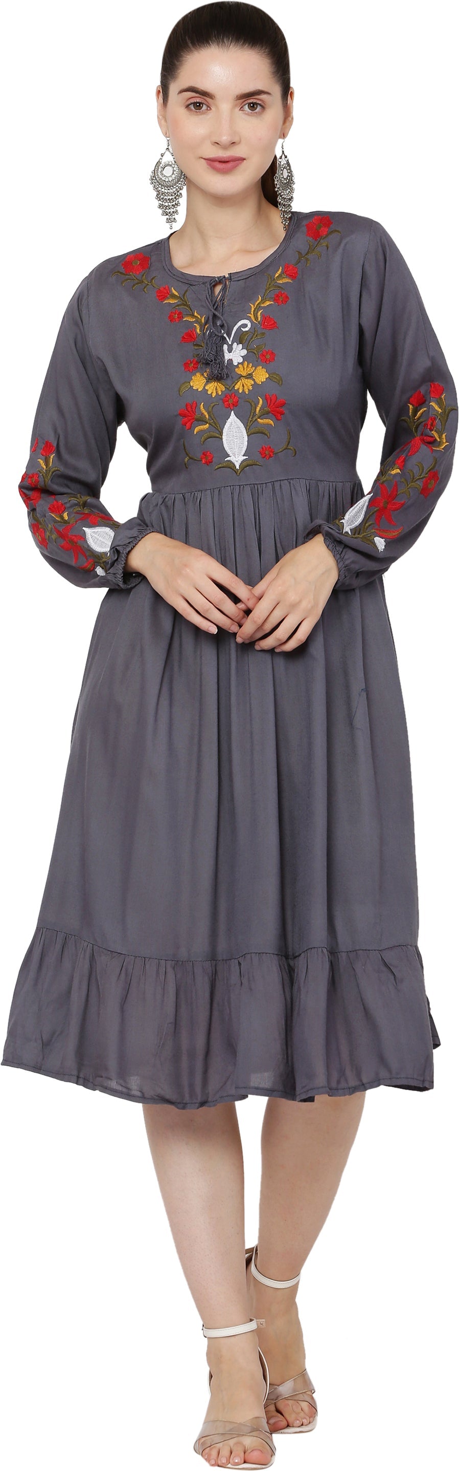 PAVONINE Grey Color Flower Embroidery Dress For Women