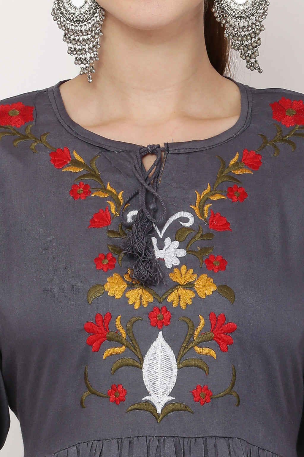 PAVONINE Grey Color Flower Embroidery Dress For Women