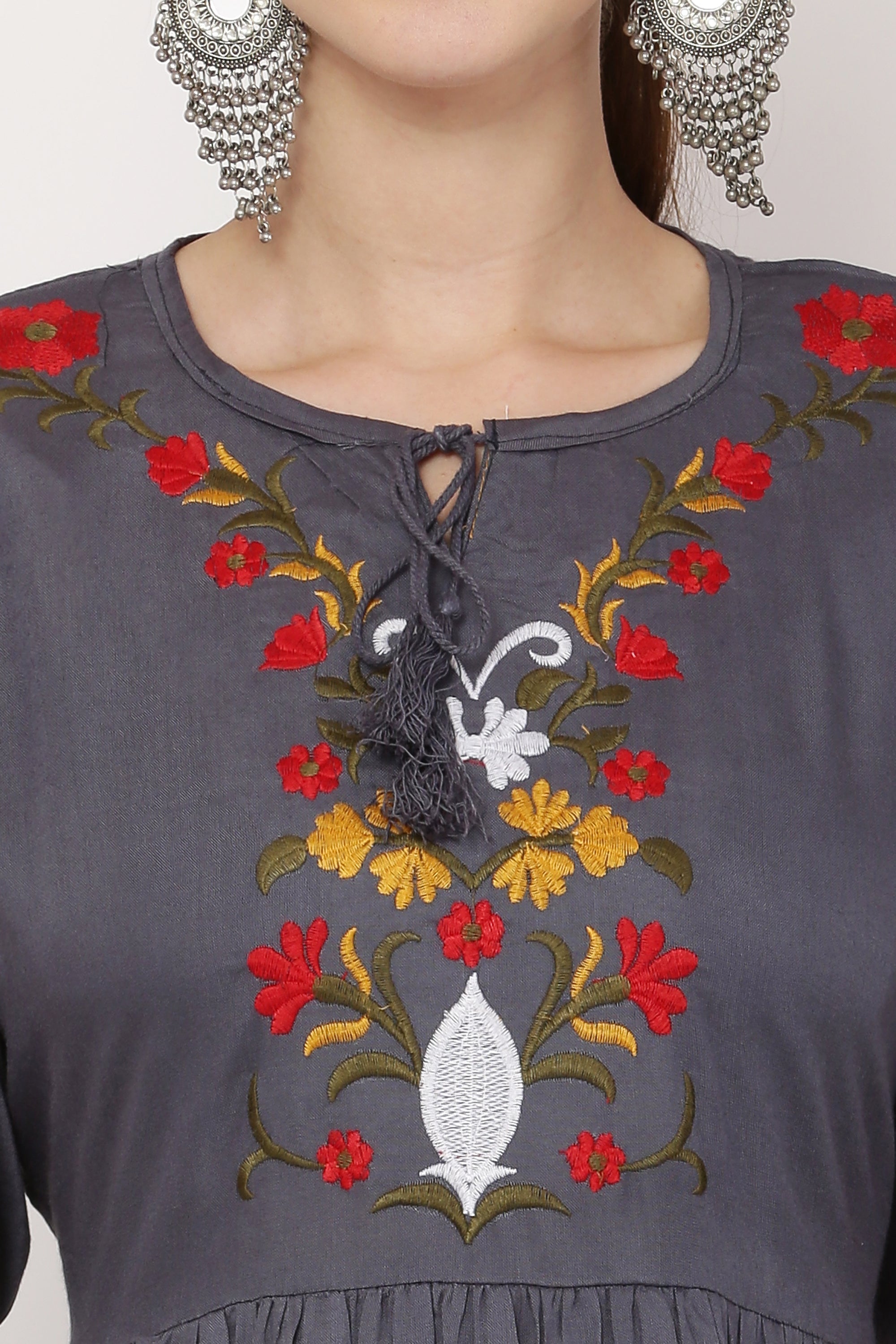 PAVONINE Grey Color Flower Embroidery Dress For Women
