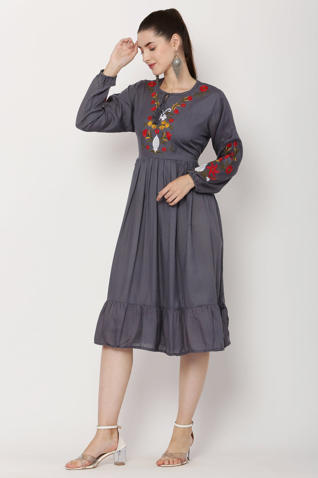 PAVONINE Grey Color Flower Embroidery Dress For Women