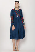 PAVONINE Navy Blue Color Flower Embroidery Dress For Women