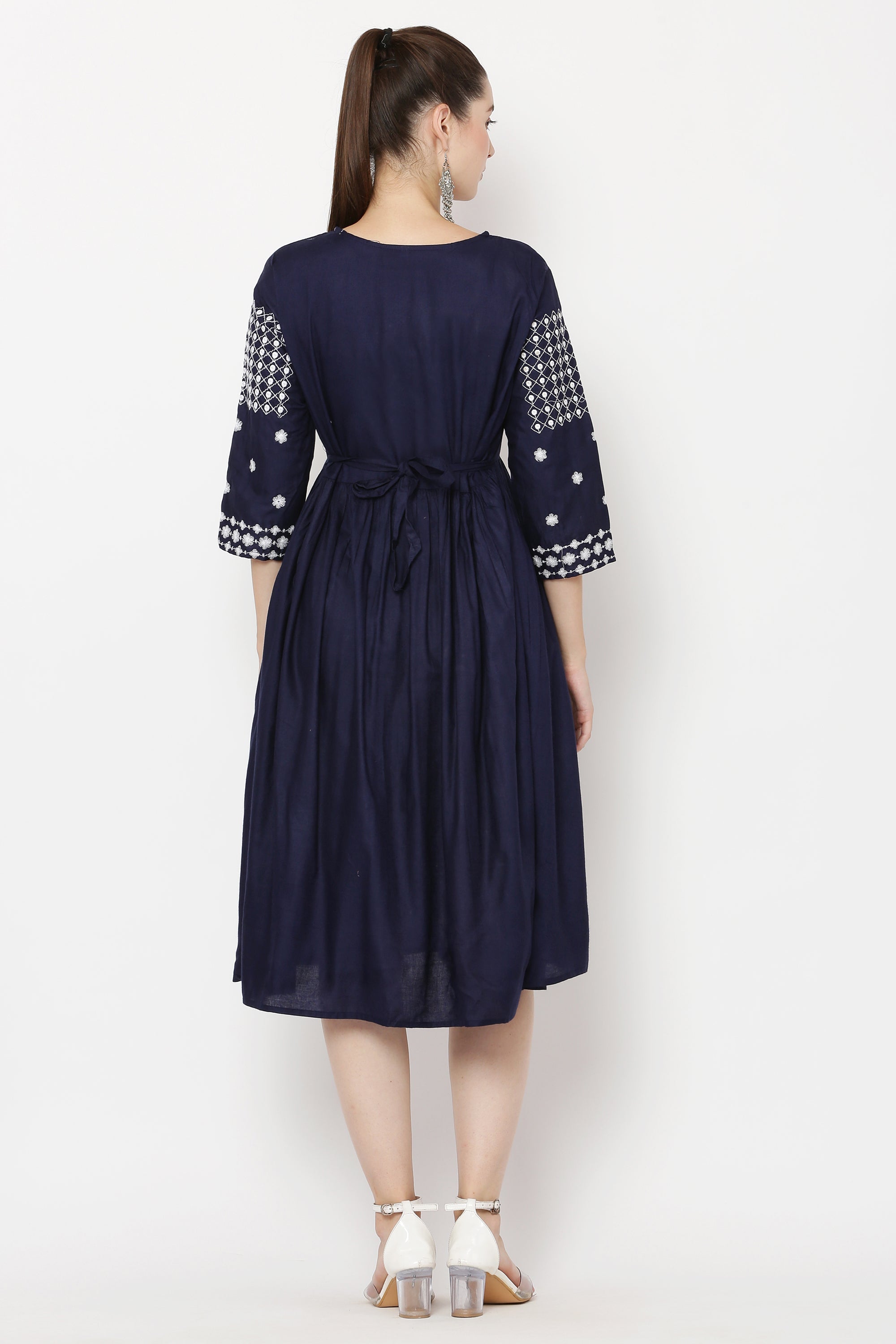 PAVONINE Navy Blue Color Polka Dots Embroidery Dress For Women