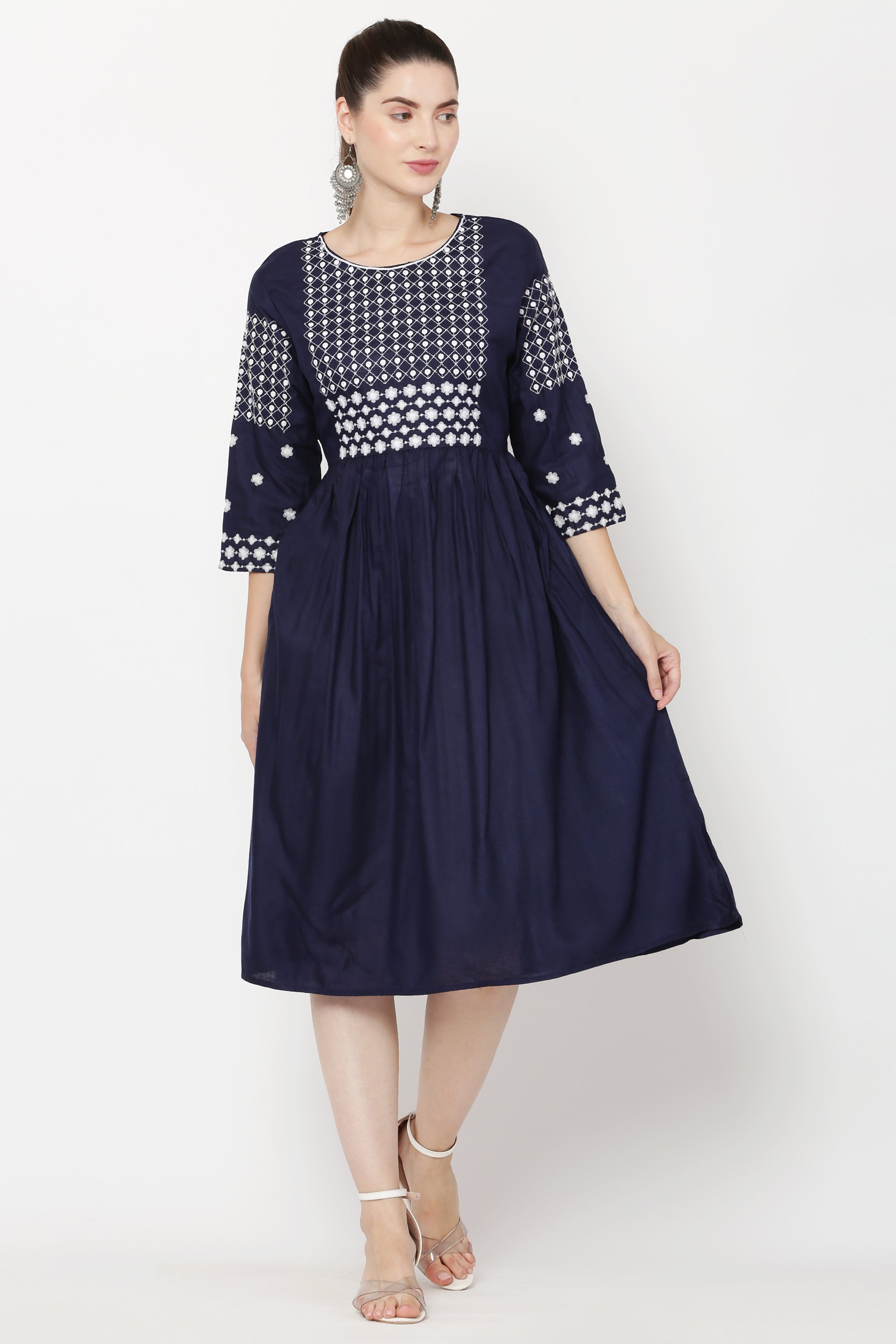 PAVONINE Navy Blue Color Polka Dots Embroidery Dress For Women