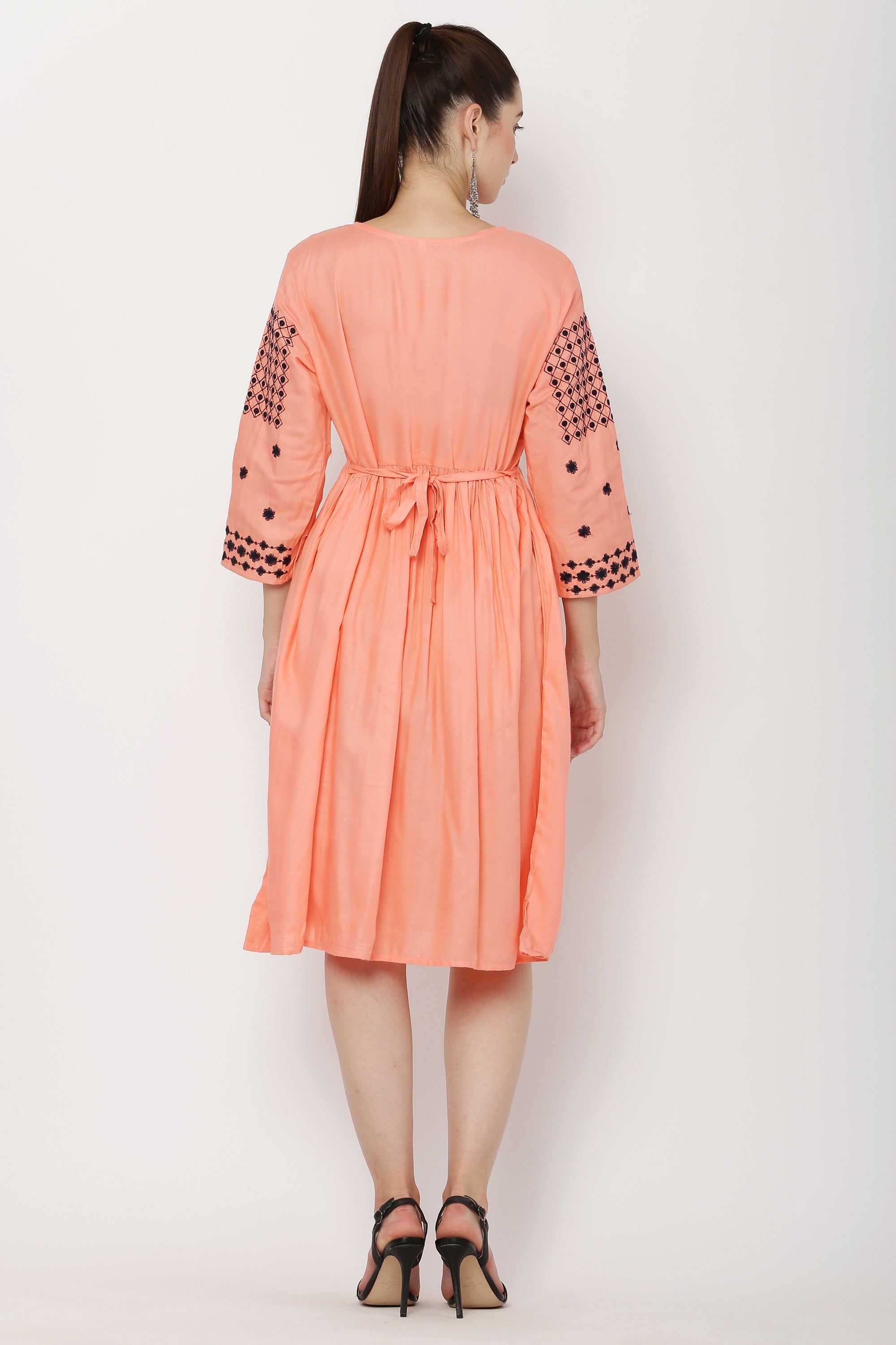 PAVONINE Gajri Color Polka Dots Embroidery Dress For Women