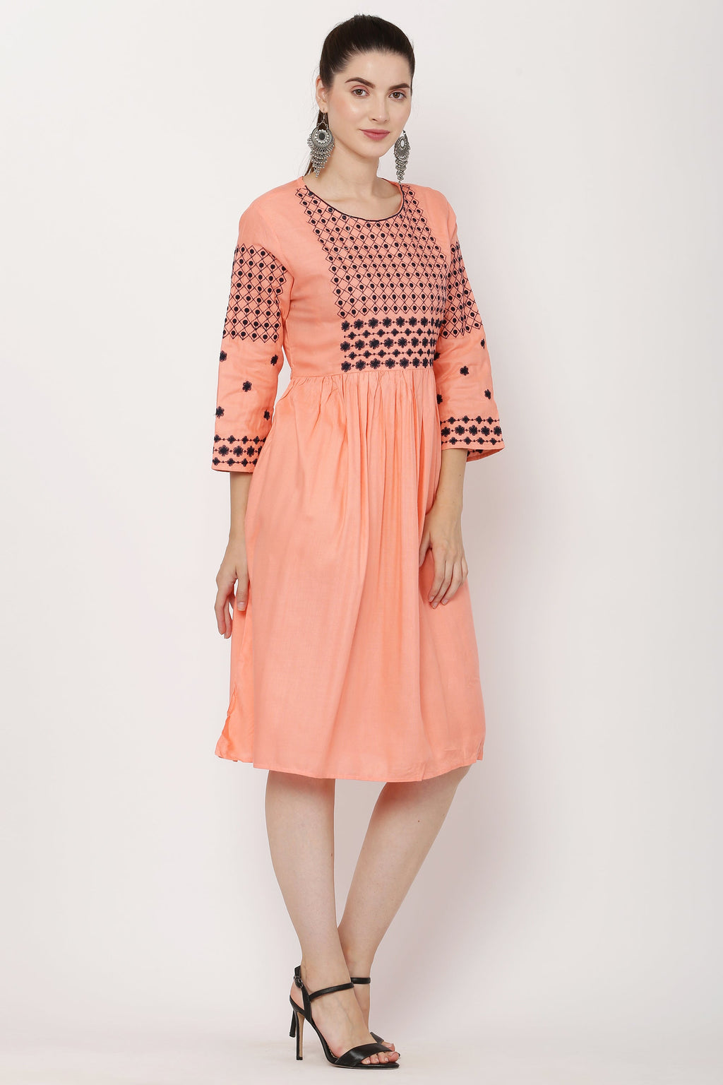 PAVONINE Gajri Color Polka Dots Embroidery Dress For Women