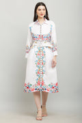 PAVONINE Cat Flower Digital Print White Color A-Line Dress For Women